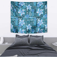Cyan Hawaii Plumeria With Tropical Flowers Motifs Tapestry