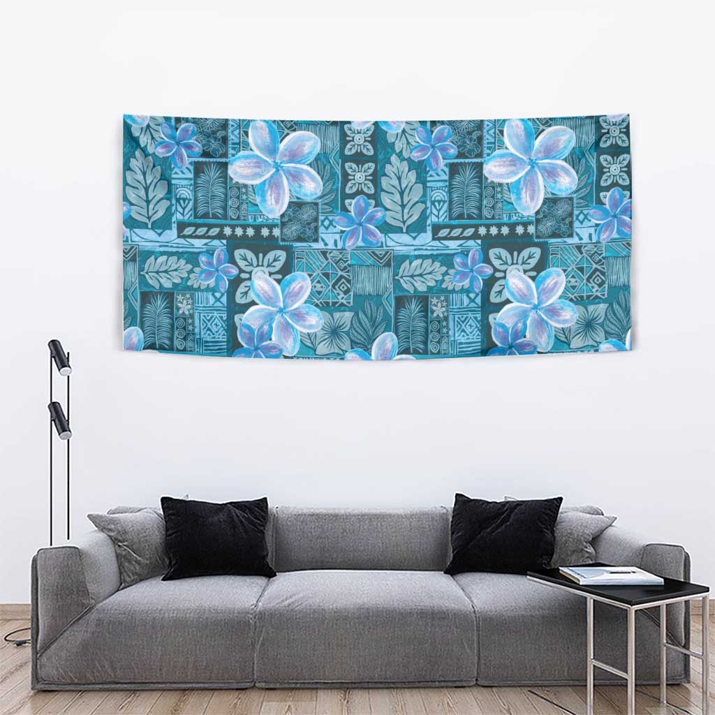 Cyan Hawaii Plumeria With Tropical Flowers Motifs Tapestry