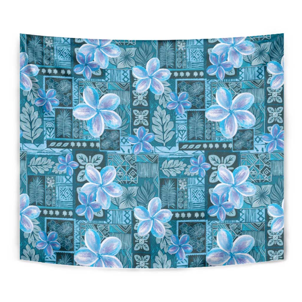 Cyan Hawaii Plumeria With Tropical Flowers Motifs Tapestry
