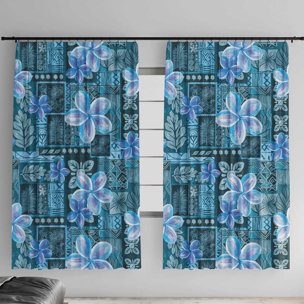 Cyan Hawaii Plumeria With Tropical Flowers Motifs Window Curtain LT14 With Hooks Cyan - Polynesian Pride