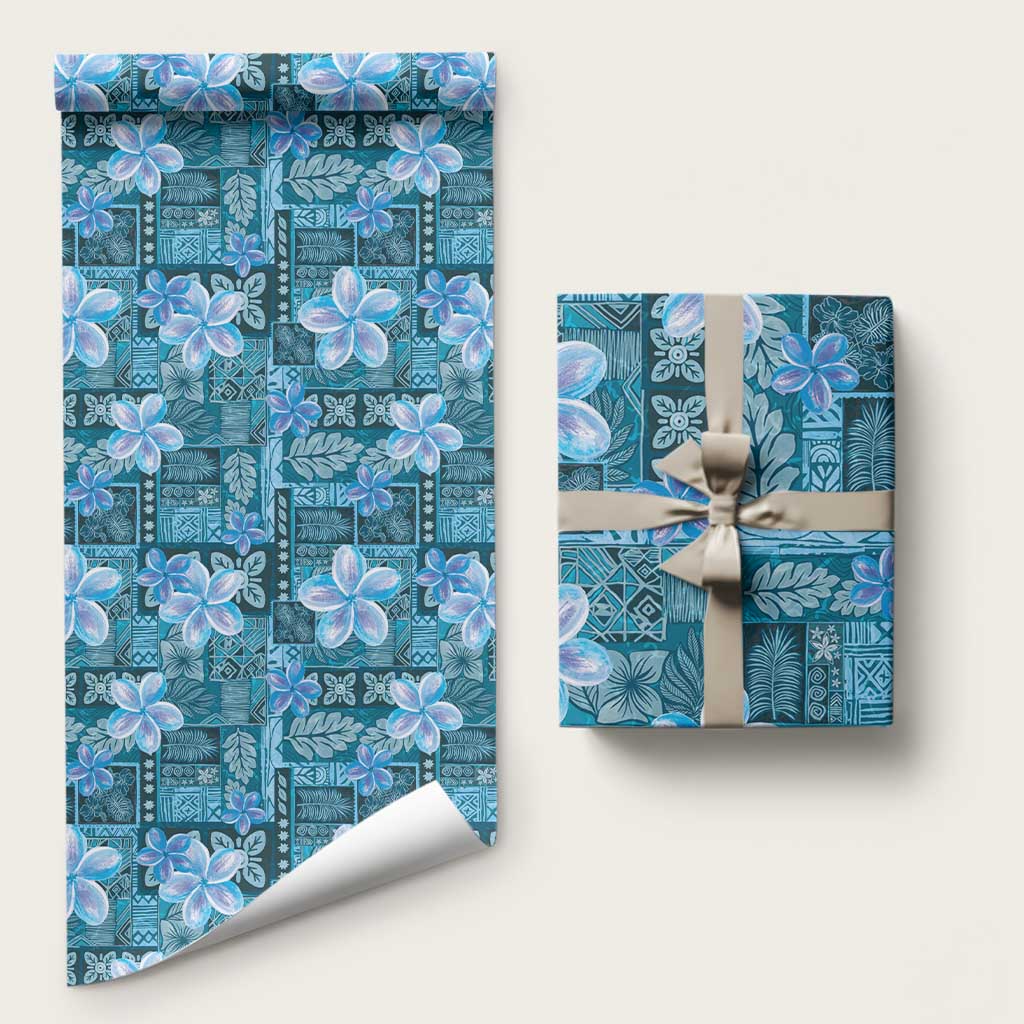 Cyan Hawaii Plumeria With Tropical Flowers Motifs Wrapping Paper LT14 58" × 23" Cyan - Polynesian Pride