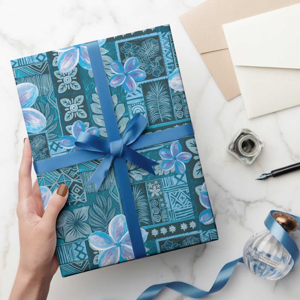 Cyan Hawaii Plumeria With Tropical Flowers Motifs Wrapping Paper LT14 - Polynesian Pride