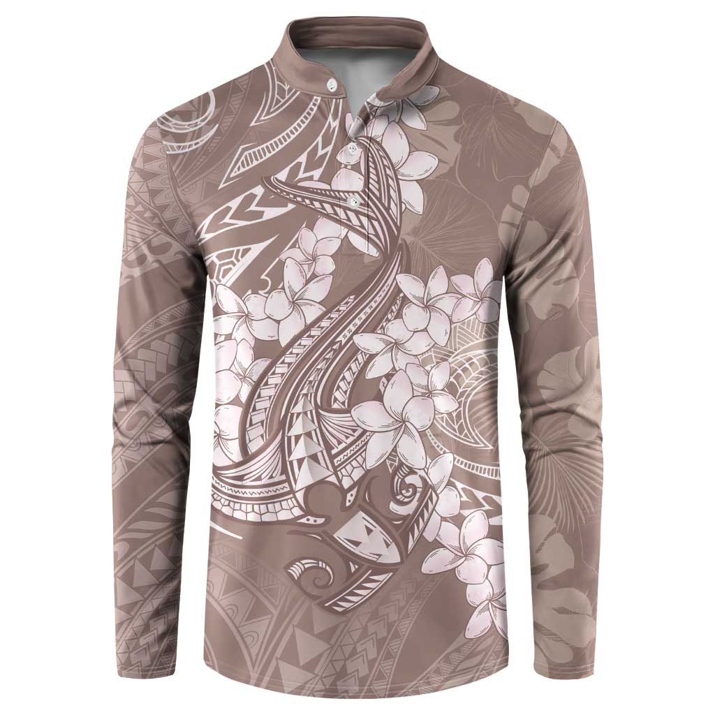 Polynesia Hammerhead Shark Tattoo With Plumeria Lei Button Sweatshirt LT14 Mocha - Polynesian Pride
