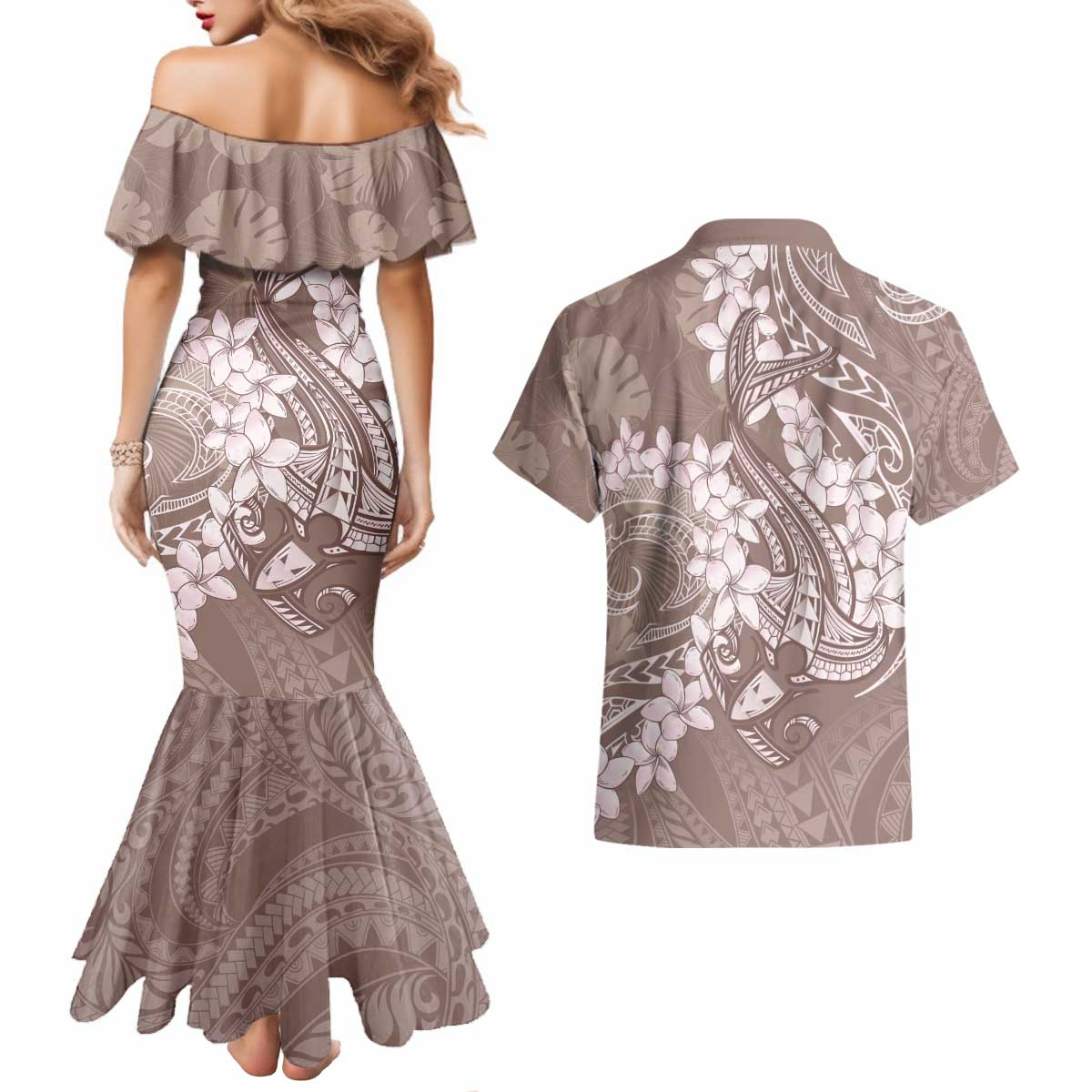 Polynesia Hammerhead Shark Tattoo With Plumeria Lei Couples Matching Mermaid Dress and Hawaiian Shirt
