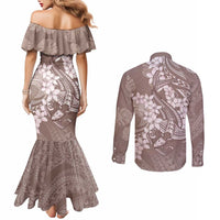 Polynesia Hammerhead Shark Tattoo With Plumeria Lei Couples Matching Mermaid Dress and Long Sleeve Button Shirt
