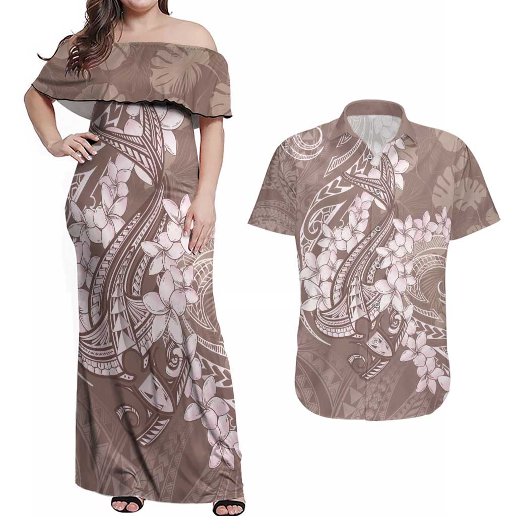 Polynesia Hammerhead Shark Tattoo With Plumeria Lei Couples Matching Off Shoulder Maxi Dress and Hawaiian Shirt LT14 Mocha - Polynesian Pride