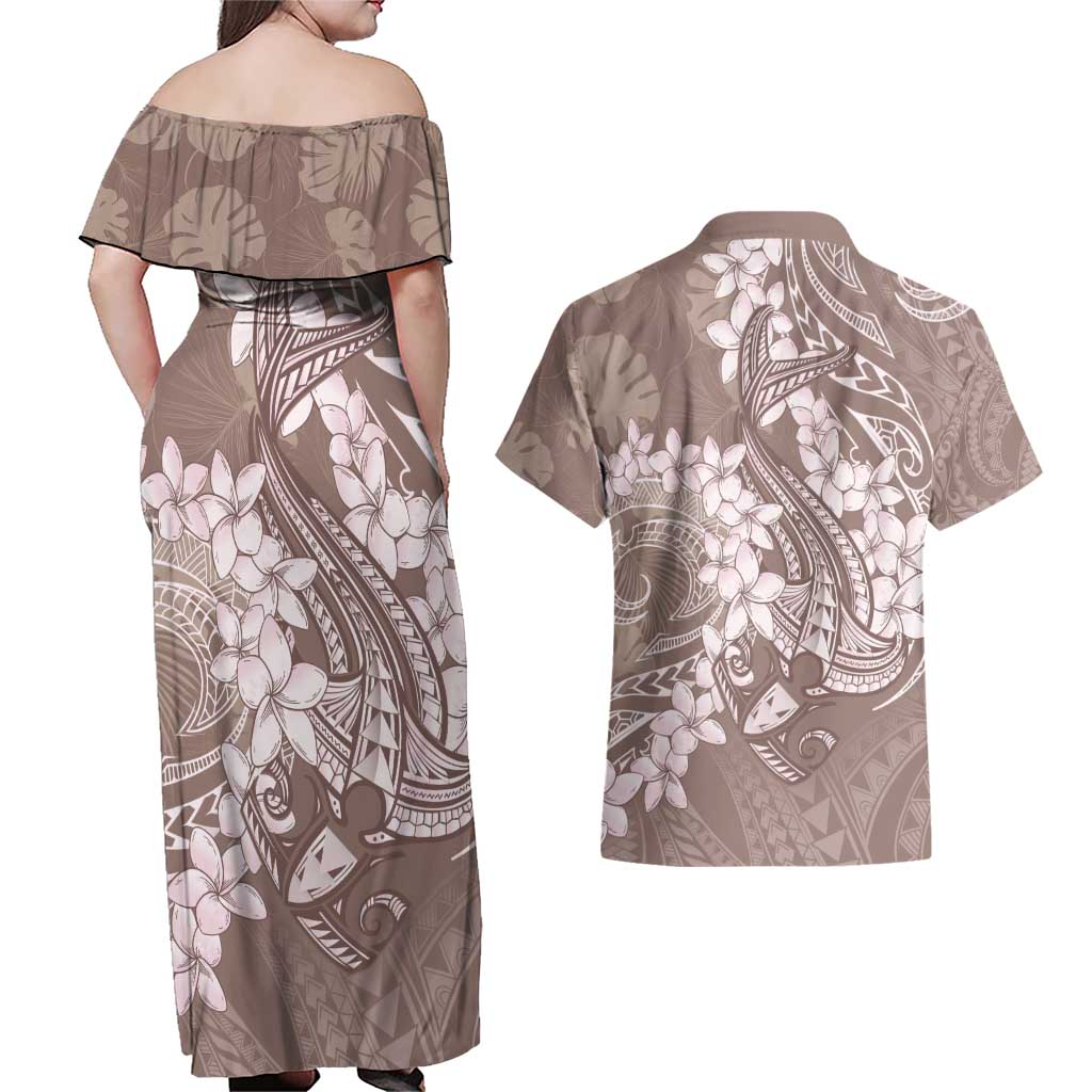 Polynesia Hammerhead Shark Tattoo With Plumeria Lei Couples Matching Off Shoulder Maxi Dress and Hawaiian Shirt LT14 - Polynesian Pride