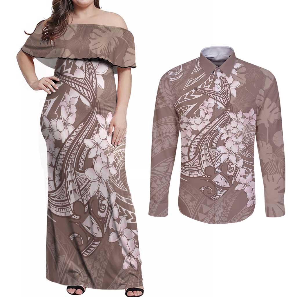 Polynesia Hammerhead Shark Tattoo With Plumeria Lei Couples Matching Off Shoulder Maxi Dress and Long Sleeve Button Shirt LT14 Mocha - Polynesian Pride