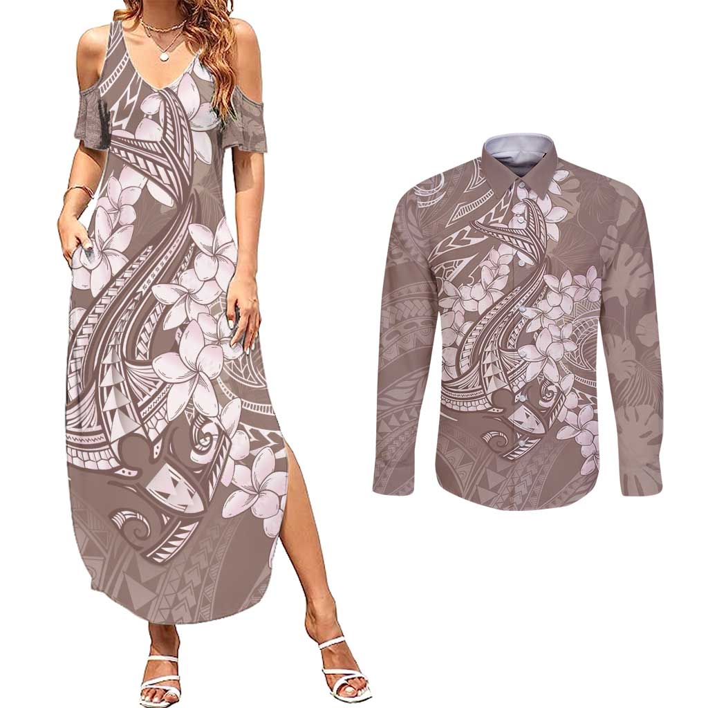 Polynesia Hammerhead Shark Tattoo With Plumeria Lei Couples Matching Summer Maxi Dress and Long Sleeve Button Shirt LT14 Mocha - Polynesian Pride