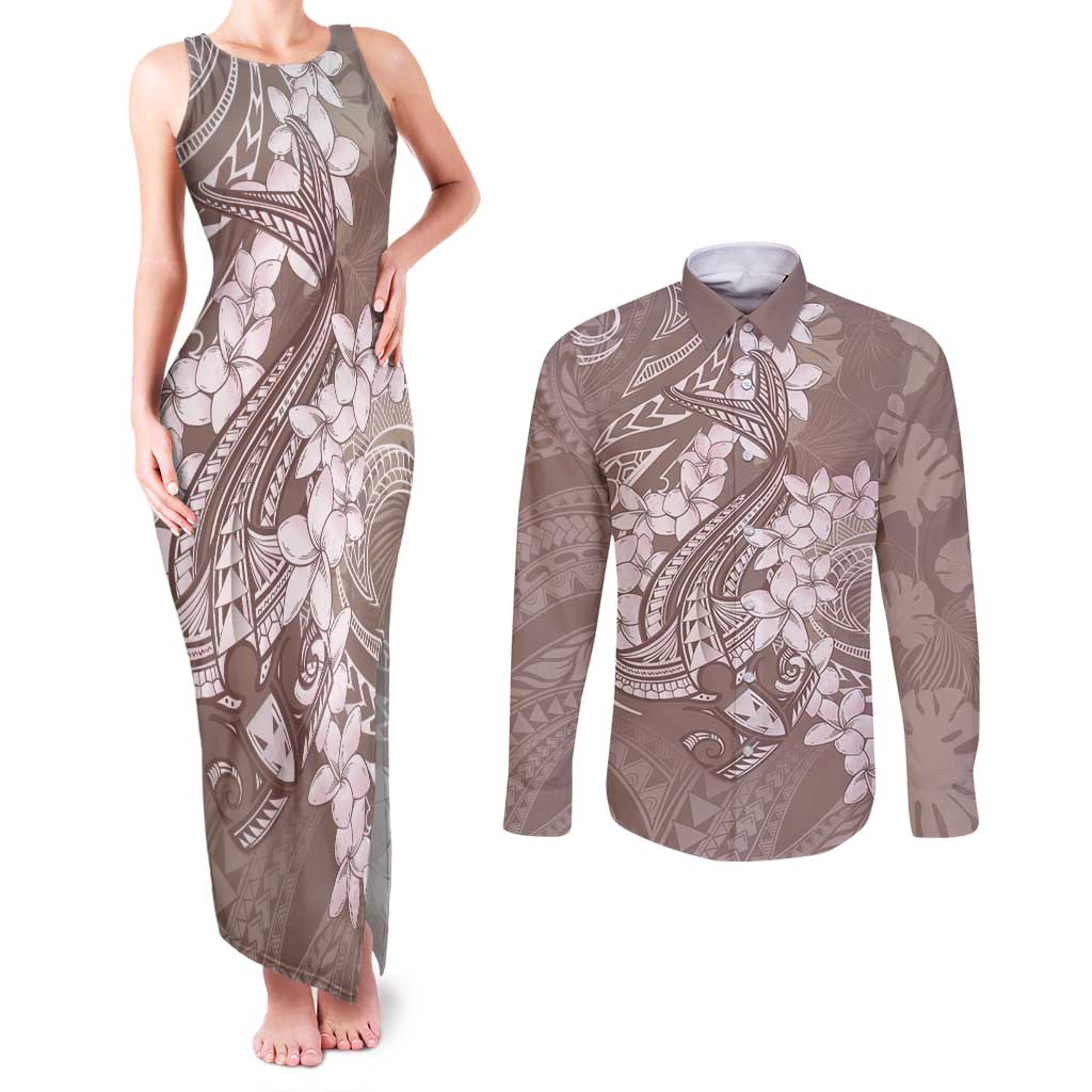 Polynesia Hammerhead Shark Tattoo With Plumeria Lei Couples Matching Tank Maxi Dress and Long Sleeve Button Shirt LT14 Mocha - Polynesian Pride
