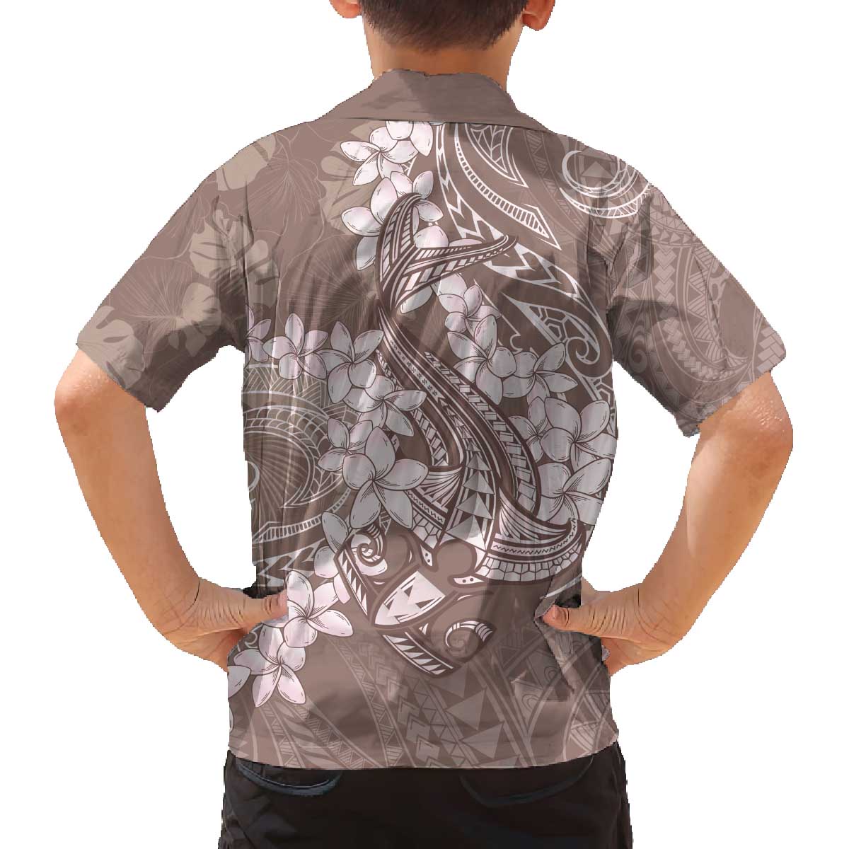 Polynesia Hammerhead Shark Tattoo With Plumeria Lei Family Matching Off The Shoulder Long Sleeve Dress and Hawaiian Shirt