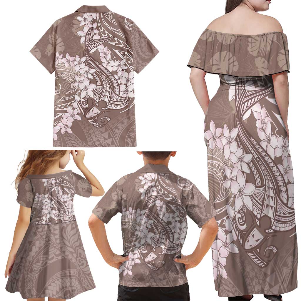 Polynesia Hammerhead Shark Tattoo With Plumeria Lei Family Matching Off Shoulder Maxi Dress and Hawaiian Shirt