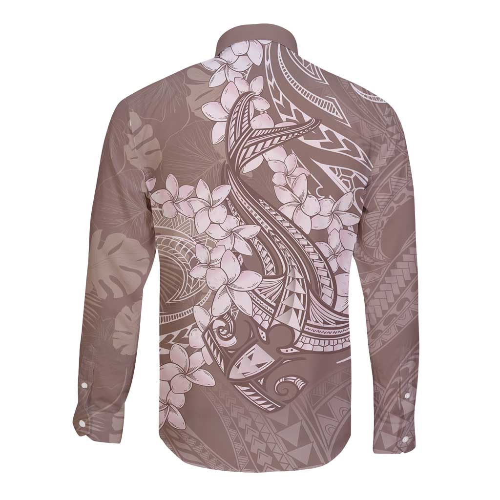 Polynesia Hammerhead Shark Tattoo With Plumeria Lei Long Sleeve Button Shirt LT14 - Polynesian Pride