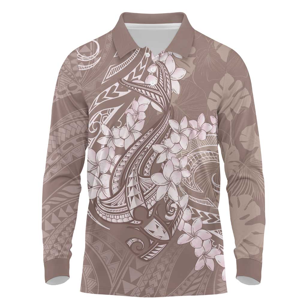 Polynesia Hammerhead Shark Tattoo With Plumeria Lei Long Sleeve Polo Shirt