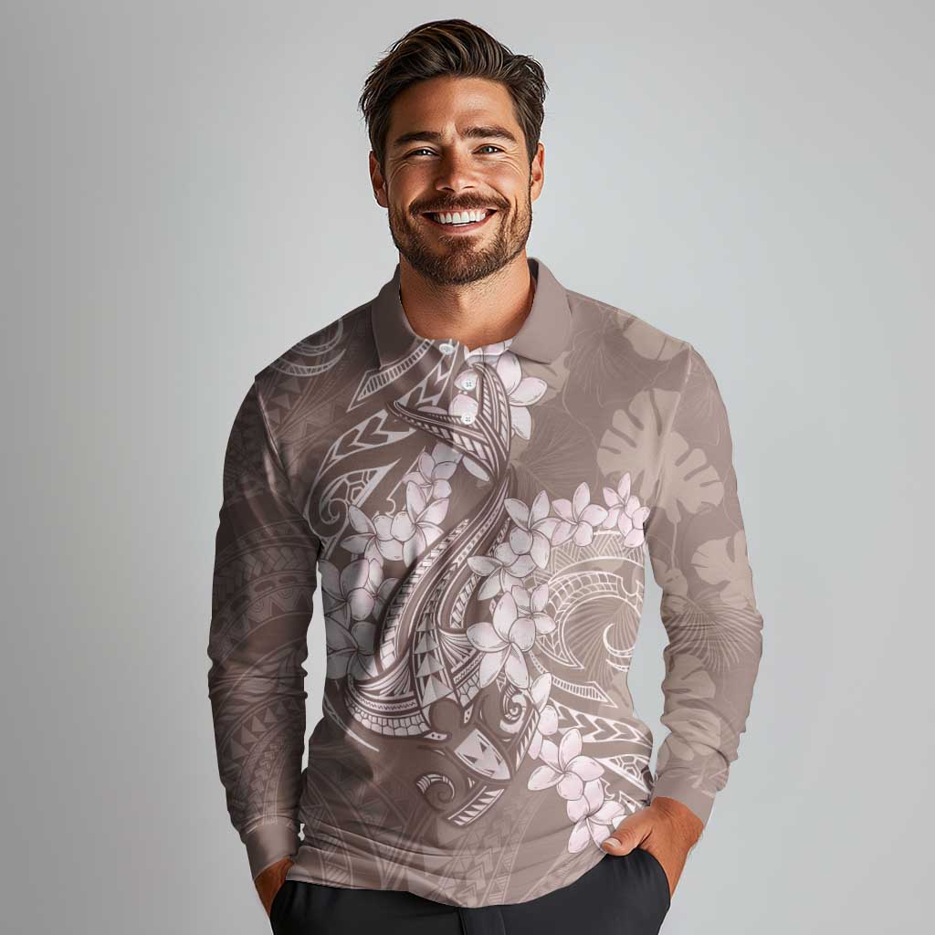 Polynesia Hammerhead Shark Tattoo With Plumeria Lei Long Sleeve Polo Shirt