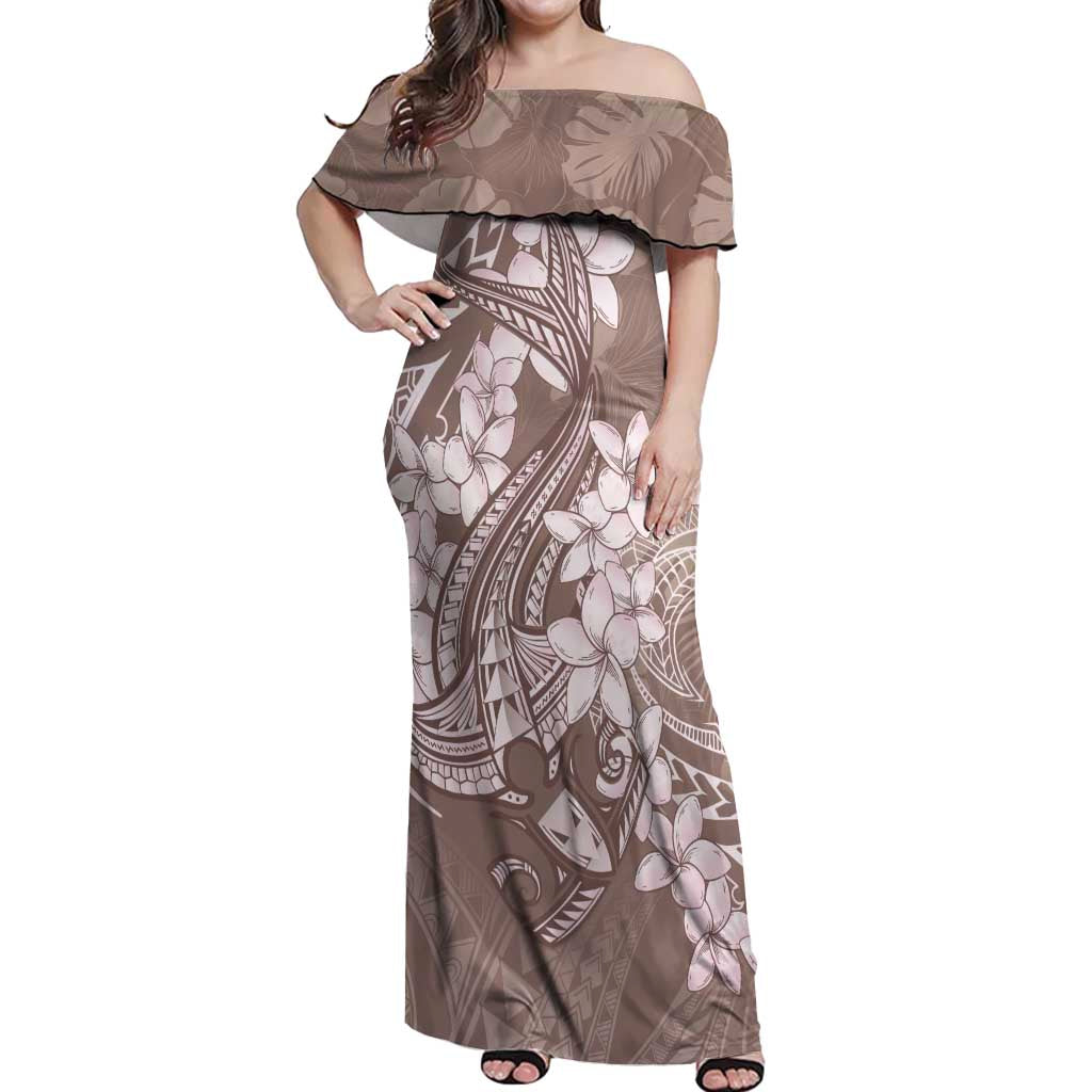 Polynesia Hammerhead Shark Tattoo With Plumeria Lei Off Shoulder Maxi Dress