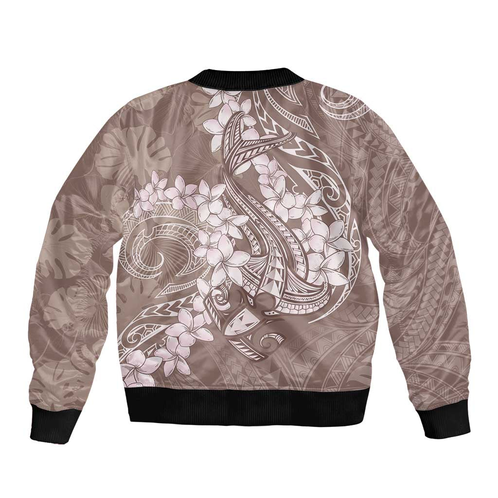 Polynesia Hammerhead Shark Tattoo With Plumeria Lei Sleeve Zip Bomber Jacket