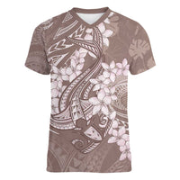 Polynesia Hammerhead Shark Tattoo With Plumeria Lei Women V-Neck T-Shirt