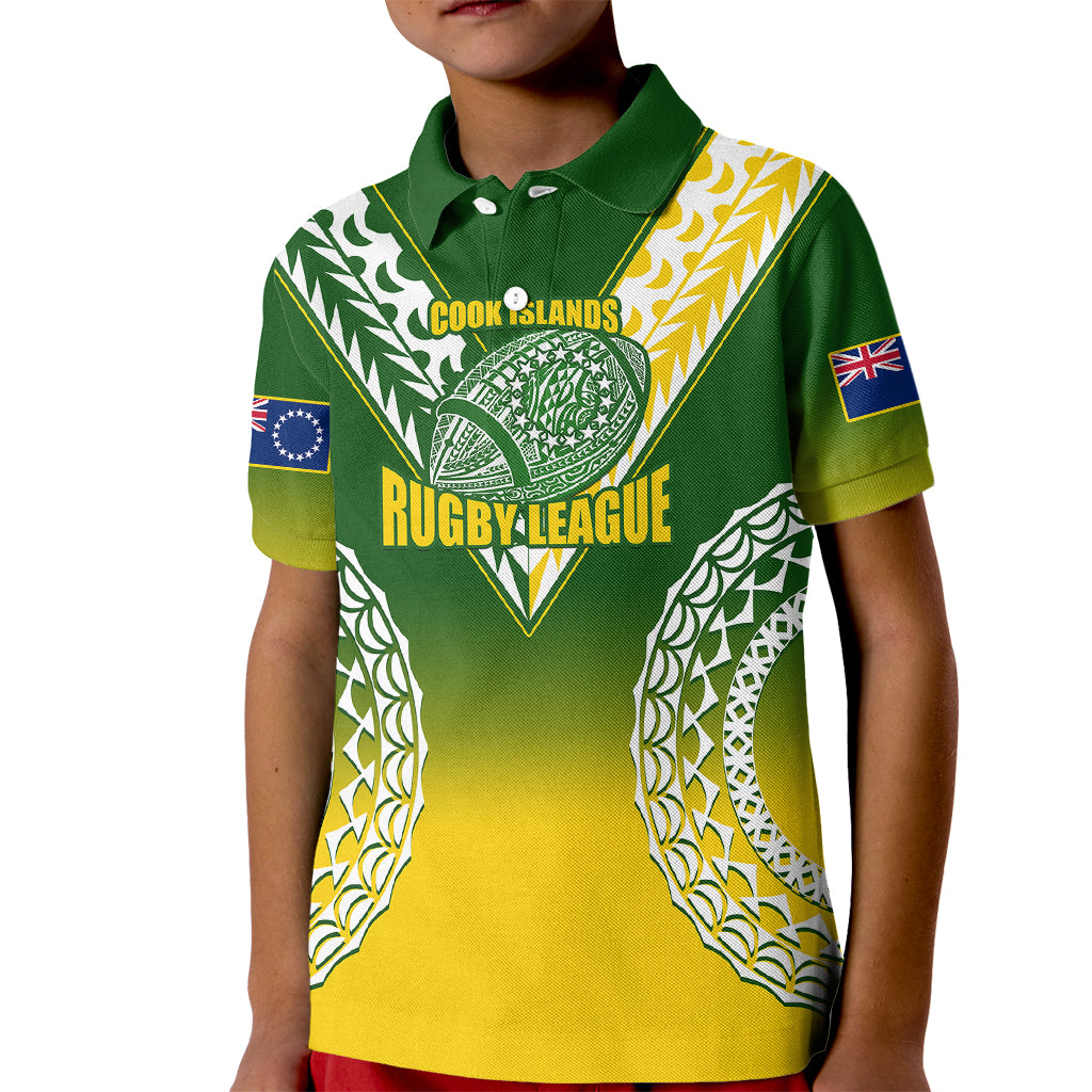 Personalised Cook Islands Rugby Kid Polo Shirt Pacific Go The Kukis Gradient Style LT14 Kid Green - Polynesian Pride