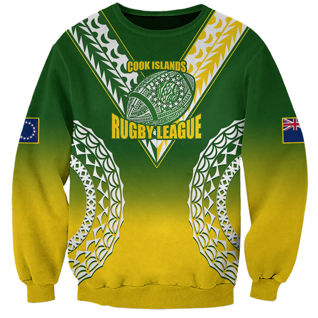 Personalised Cook Islands Rugby Sweatshirt Pacific Go The Kukis Gradient Style LT14 Unisex Green - Polynesian Pride