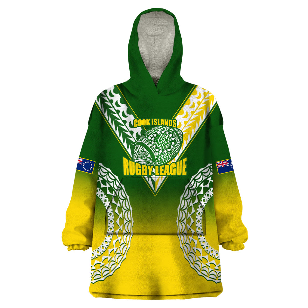 Personalised Cook Islands Rugby Wearable Blanket Hoodie Pacific Go The Kukis Gradient Style LT14 One Size Green - Polynesian Pride