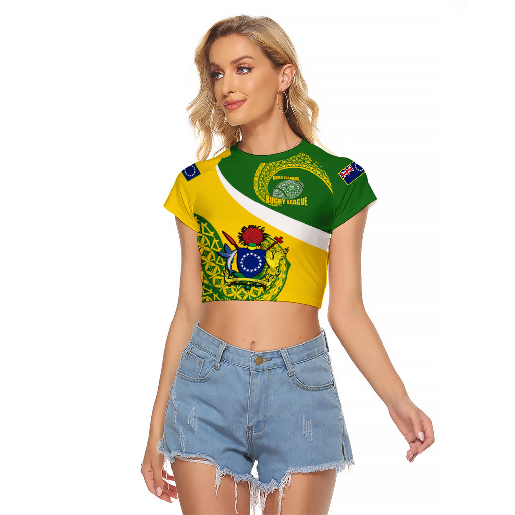 Personalised Cook Islands Rugby Raglan Cropped T Shirt Pacific Go The Kukis Sporty Style LT14 Female Green - Polynesian Pride