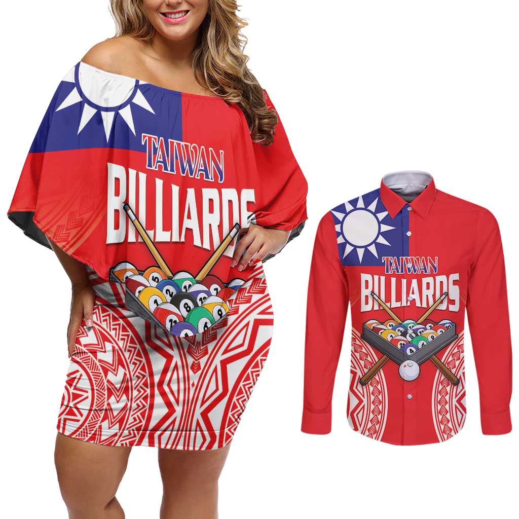 Personalised Taiwan Billiards Couples Matching Off Shoulder Short Dress and Long Sleeve Button Shirt Eight-ball Pool Polynesia Tattoo - Polynesian Pride