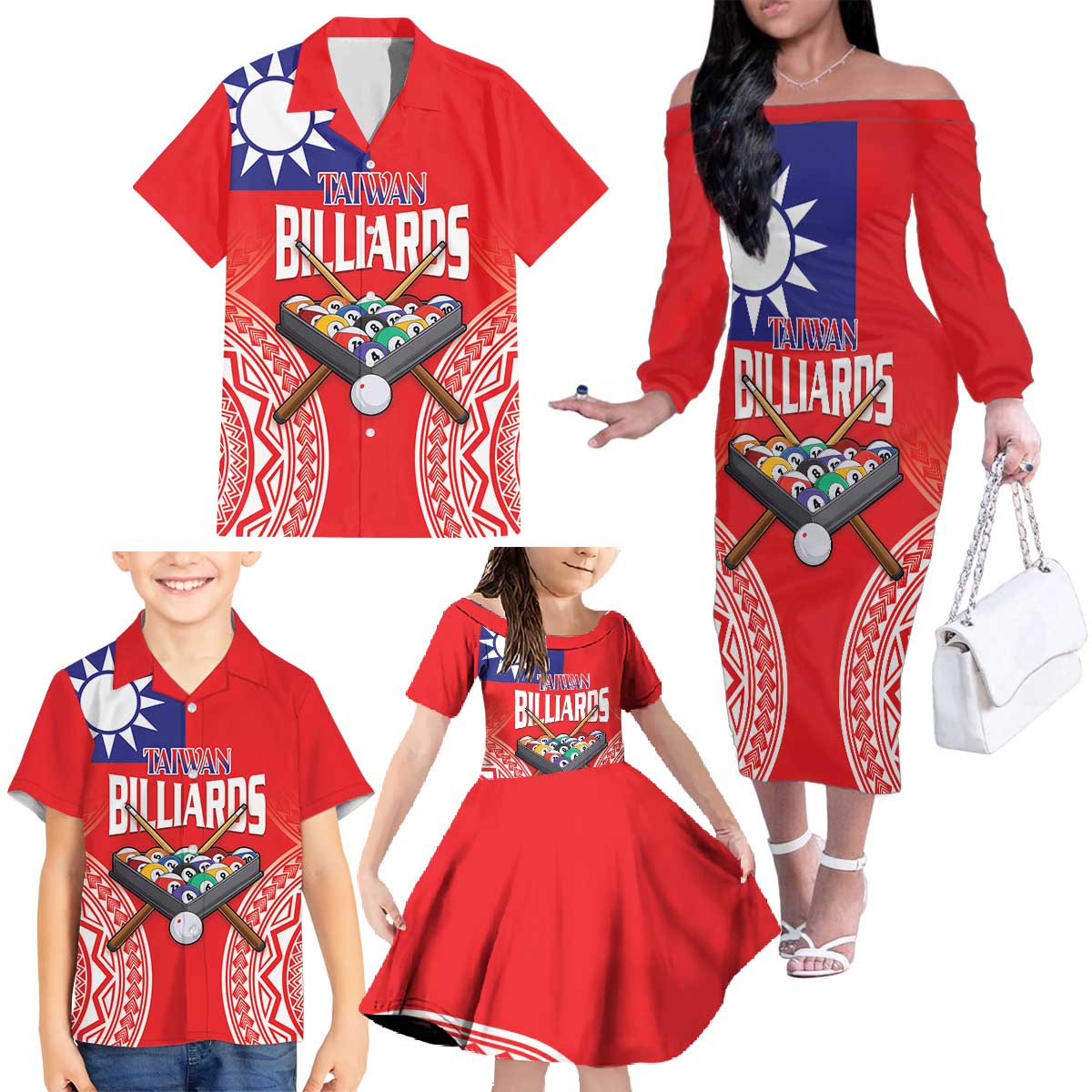 Personalised Taiwan Billiards Family Matching Off The Shoulder Long Sleeve Dress and Hawaiian Shirt Eight-ball Pool Polynesia Tattoo - Polynesian Pride