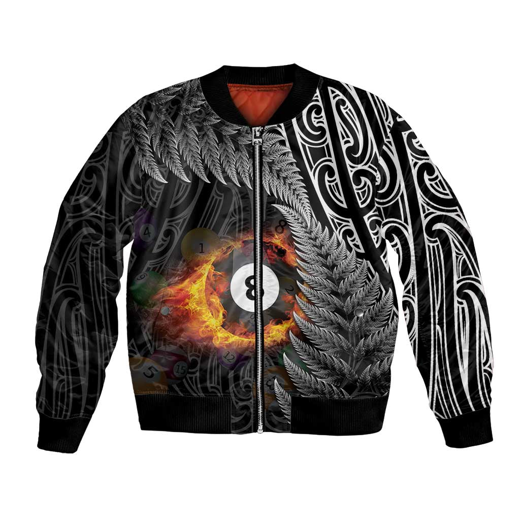 Personalised New Zealand Billiards Bomber Jacket Maori Fern On Fire 8 Ball LT14 Unisex Black - Polynesian Pride