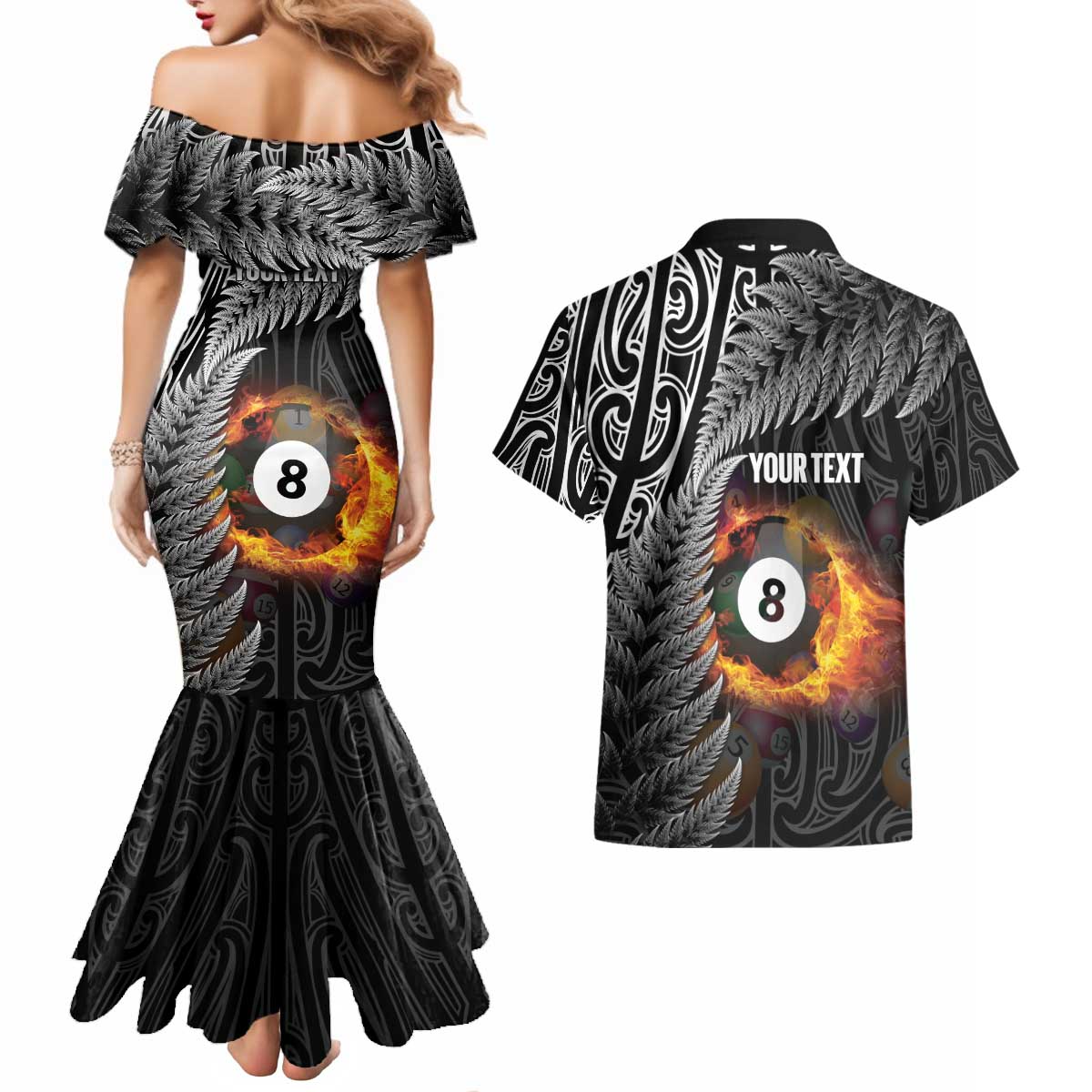 Personalised New Zealand Billiards Couples Matching Mermaid Dress and Hawaiian Shirt Maori Fern On Fire 8 Ball - Polynesian Pride