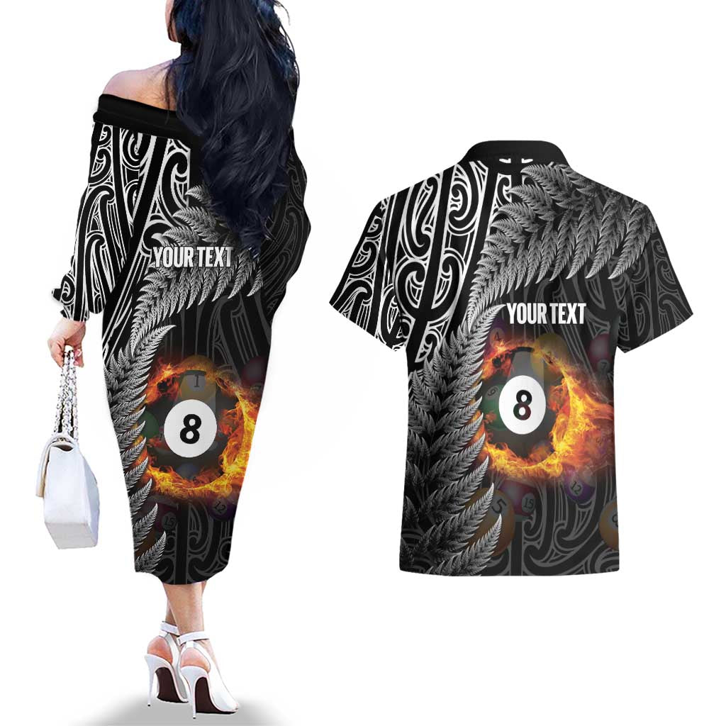 Personalised New Zealand Billiards Couples Matching Off The Shoulder Long Sleeve Dress and Hawaiian Shirt Maori Fern On Fire 8 Ball - Polynesian Pride