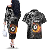 Personalised New Zealand Billiards Couples Matching Off The Shoulder Long Sleeve Dress and Hawaiian Shirt Maori Fern On Fire 8 Ball - Polynesian Pride