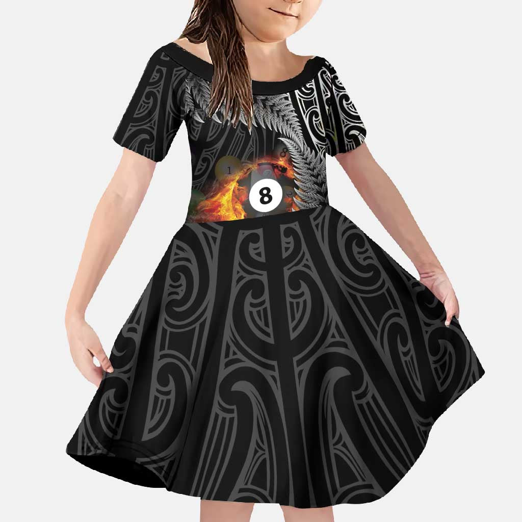 Personalised New Zealand Billiards Family Matching Long Sleeve Bodycon Dress and Hawaiian Shirt Maori Fern On Fire 8 Ball - Polynesian Pride