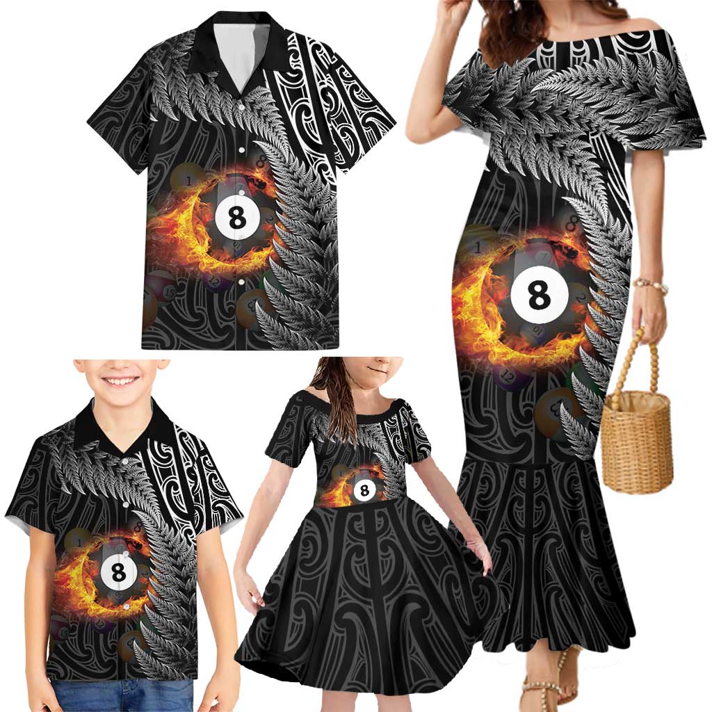 Personalised New Zealand Billiards Family Matching Mermaid Dress and Hawaiian Shirt Maori Fern On Fire 8 Ball LT14 - Polynesian Pride