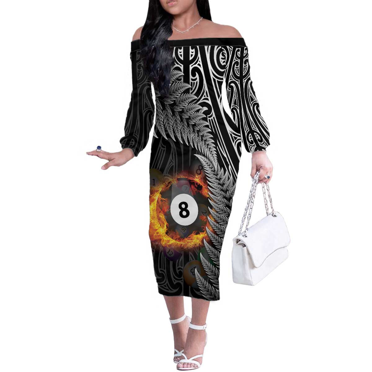 Personalised New Zealand Billiards Family Matching Off The Shoulder Long Sleeve Dress and Hawaiian Shirt Maori Fern On Fire 8 Ball - Polynesian Pride