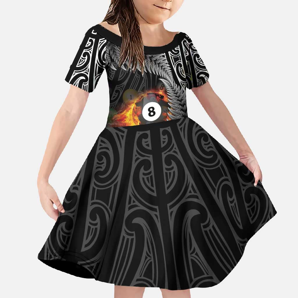 Personalised New Zealand Billiards Family Matching Off Shoulder Maxi Dress and Hawaiian Shirt Maori Fern On Fire 8 Ball - Polynesian Pride