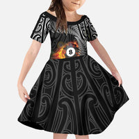 Personalised New Zealand Billiards Family Matching Off Shoulder Maxi Dress and Hawaiian Shirt Maori Fern On Fire 8 Ball - Polynesian Pride
