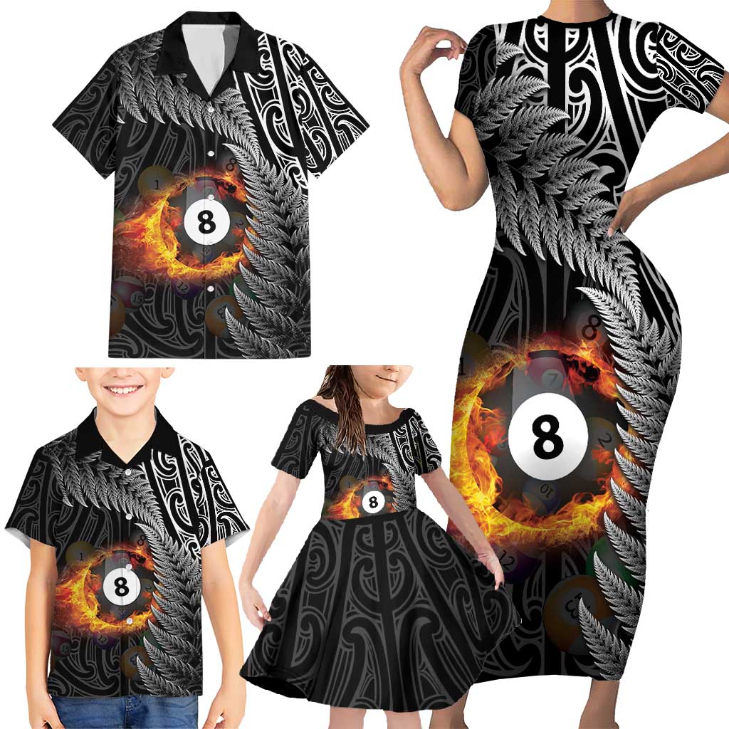 Personalised New Zealand Billiards Family Matching Short Sleeve Bodycon Dress and Hawaiian Shirt Maori Fern On Fire 8 Ball LT14 - Polynesian Pride