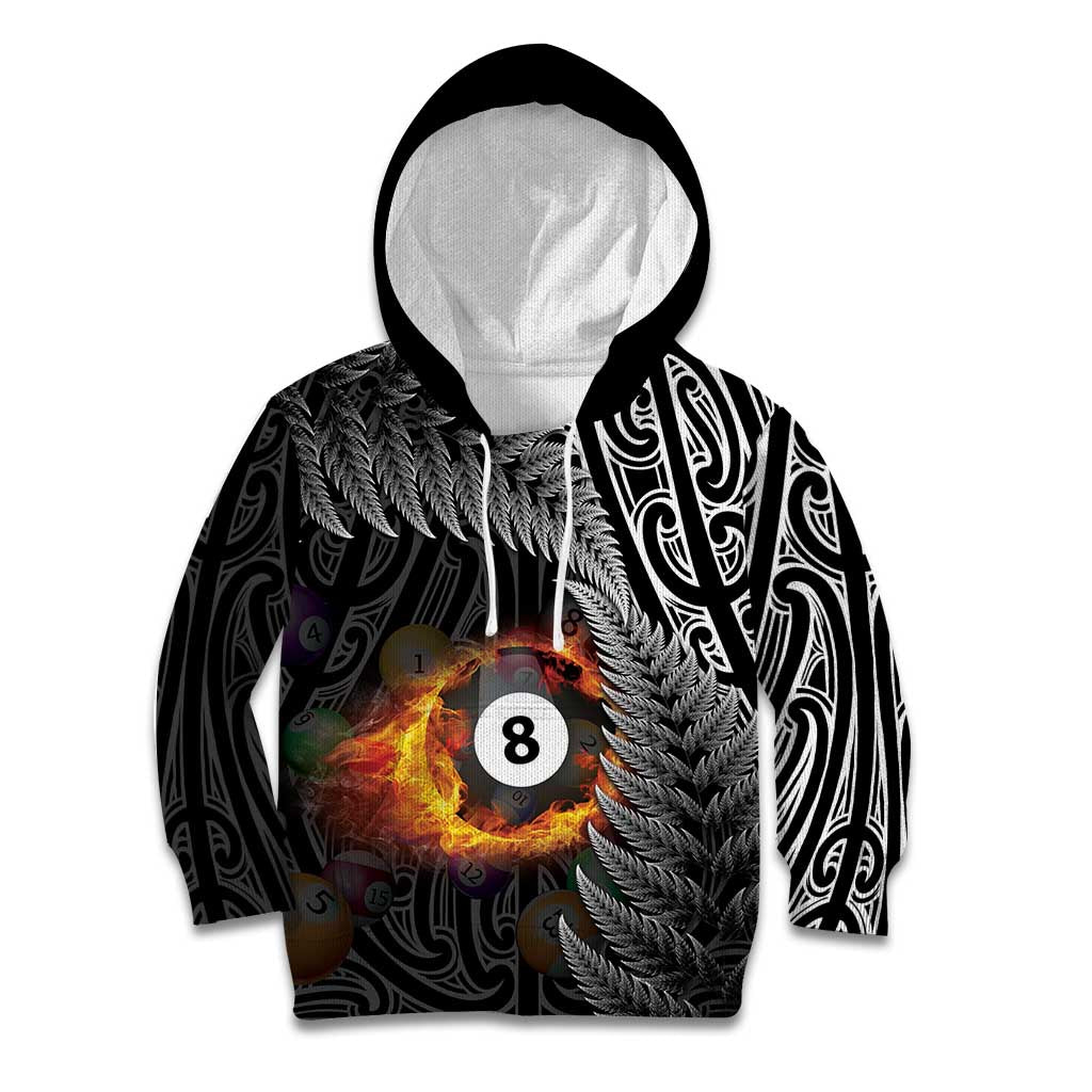 Personalised New Zealand Billiards Kid Hoodie Maori Fern On Fire 8 Ball - Polynesian Pride