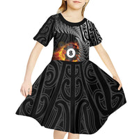Personalised New Zealand Billiards Kid Short Sleeve Dress Maori Fern On Fire 8 Ball - Polynesian Pride