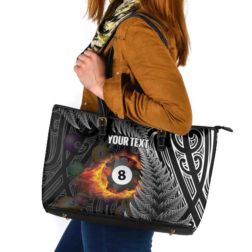 Personalised New Zealand Billiards Leather Tote Bag Maori Fern On Fire 8 Ball LT14 Black - Polynesian Pride