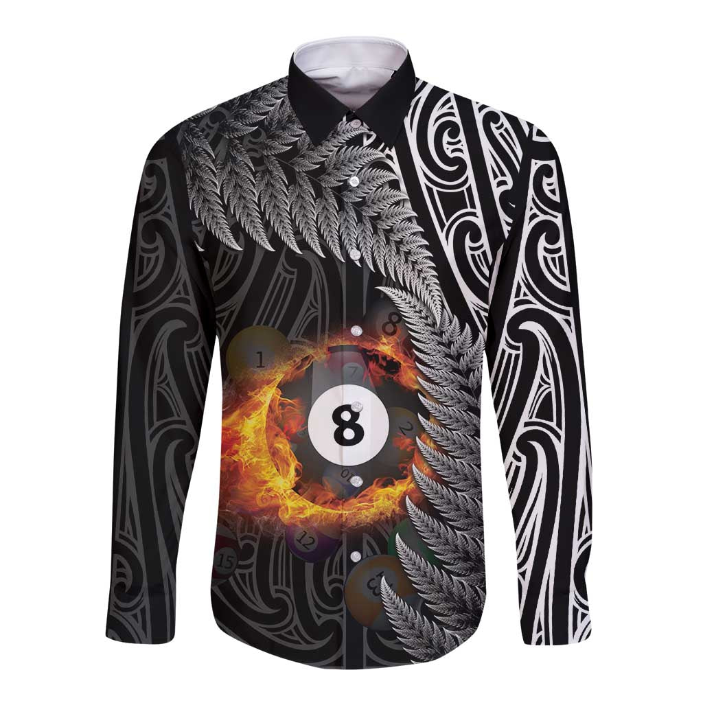 Personalised New Zealand Billiards Long Sleeve Button Shirt Maori Fern On Fire 8 Ball LT14 Unisex Black - Polynesian Pride