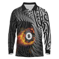 Personalised New Zealand Billiards Long Sleeve Polo Shirt Maori Fern On Fire 8 Ball - Polynesian Pride