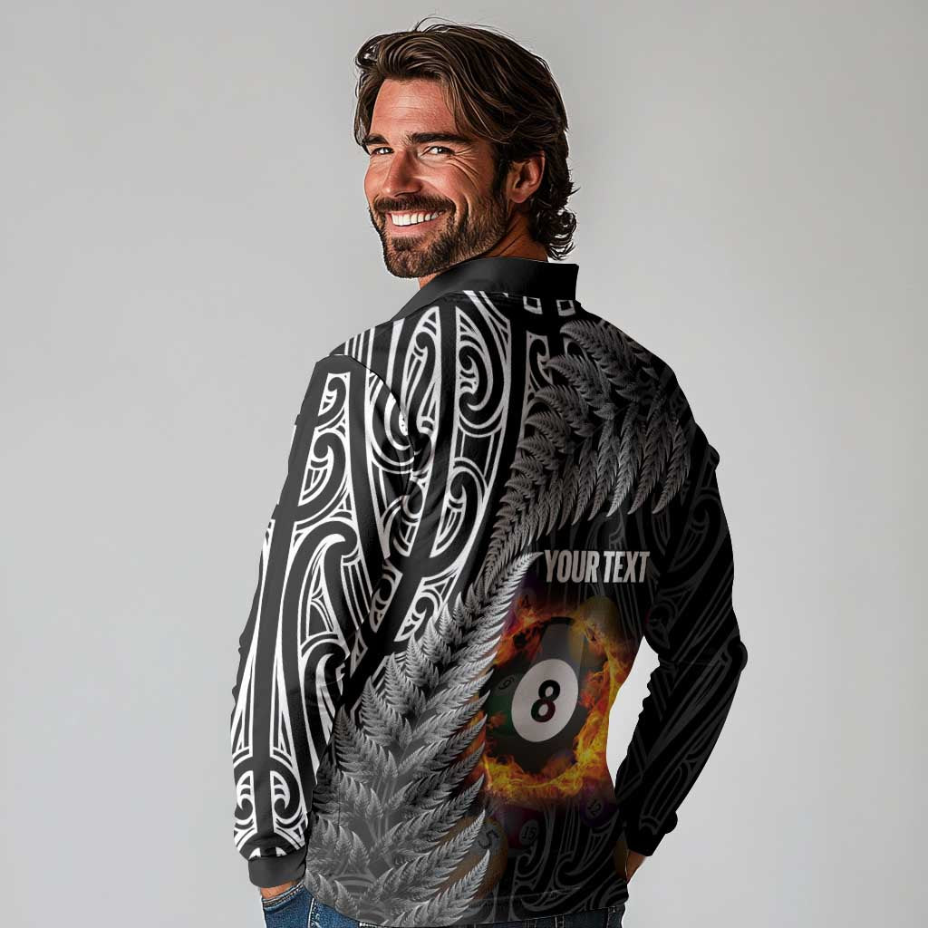 Personalised New Zealand Billiards Long Sleeve Polo Shirt Maori Fern On Fire 8 Ball - Polynesian Pride