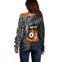 Personalised New Zealand Billiards Off Shoulder Sweater Maori Fern On Fire 8 Ball - Polynesian Pride
