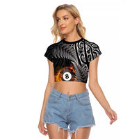 Personalised New Zealand Billiards Raglan Cropped T Shirt Maori Fern On Fire 8 Ball - Polynesian Pride
