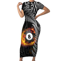 Personalised New Zealand Billiards Short Sleeve Bodycon Dress Maori Fern On Fire 8 Ball - Polynesian Pride