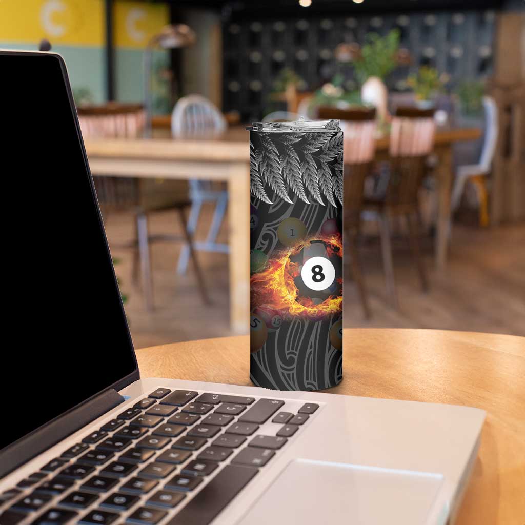 Personalised New Zealand Billiards Skinny Tumbler Maori Fern On Fire 8 Ball - Polynesian Pride