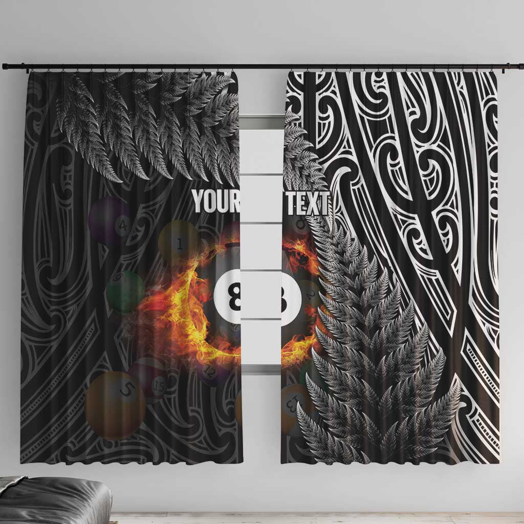 Personalised New Zealand Billiards Window Curtain Maori Fern On Fire 8 Ball LT14 With Hooks Black - Polynesian Pride