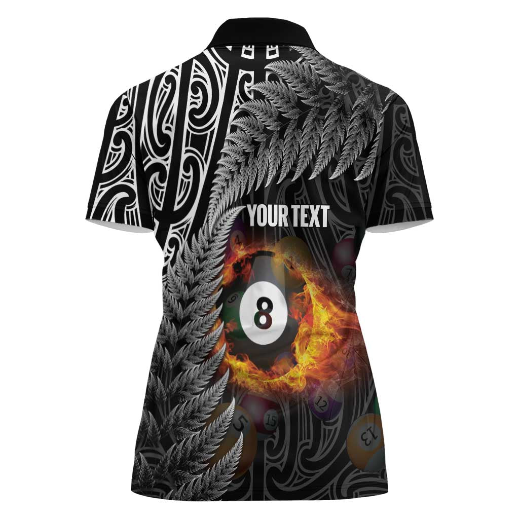 Personalised New Zealand Billiards Women Polo Shirt Maori Fern On Fire 8 Ball - Polynesian Pride